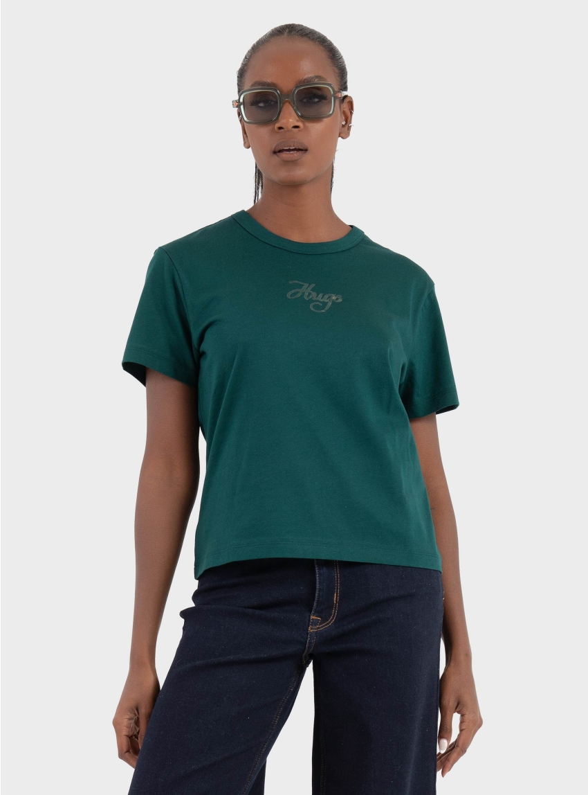 HUGO Cotton-Jersey T-Shirt With Glitter-Print Details Destrel_3 - Dark Green