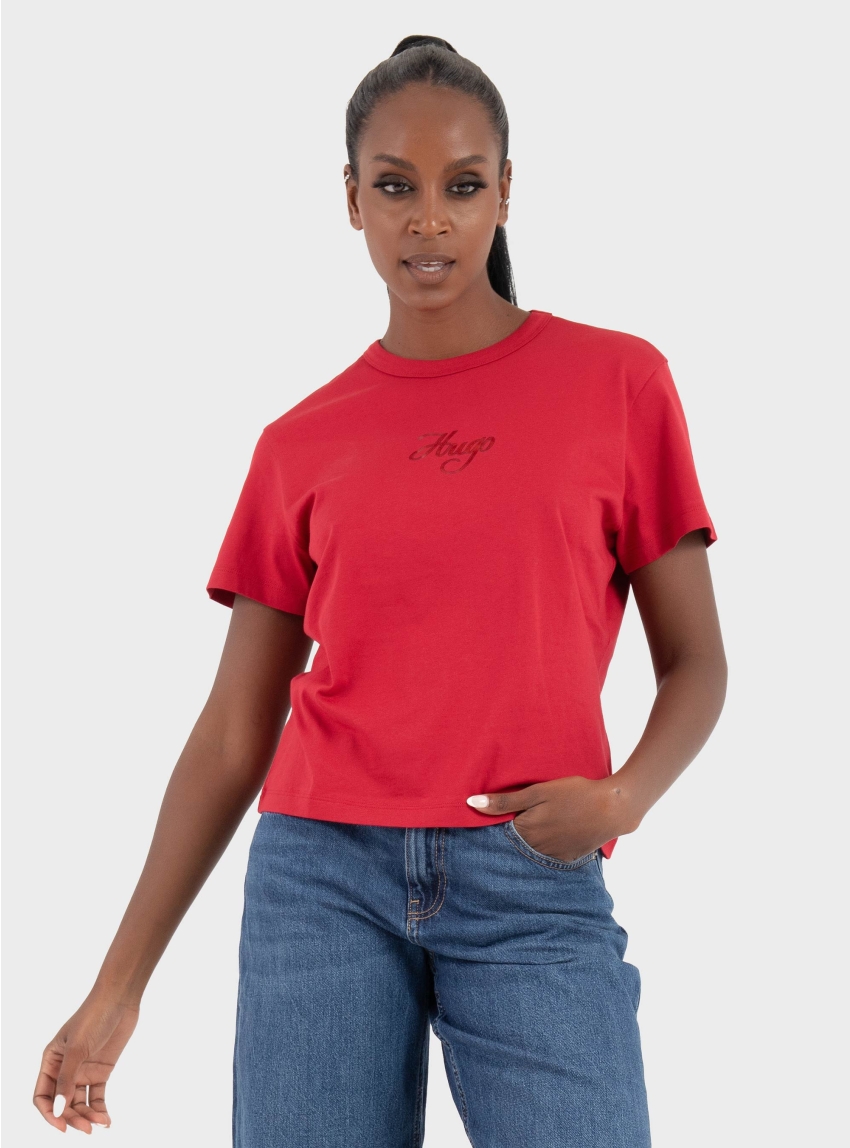HUGO Cotton-Jersey T-Shirt With Glitter-Print Details Destrel_3 - Red