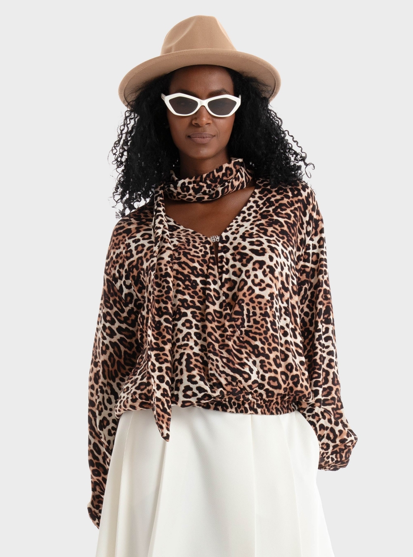 HUGO Oversized-Fit Top Cunea-1 - Leopard Print