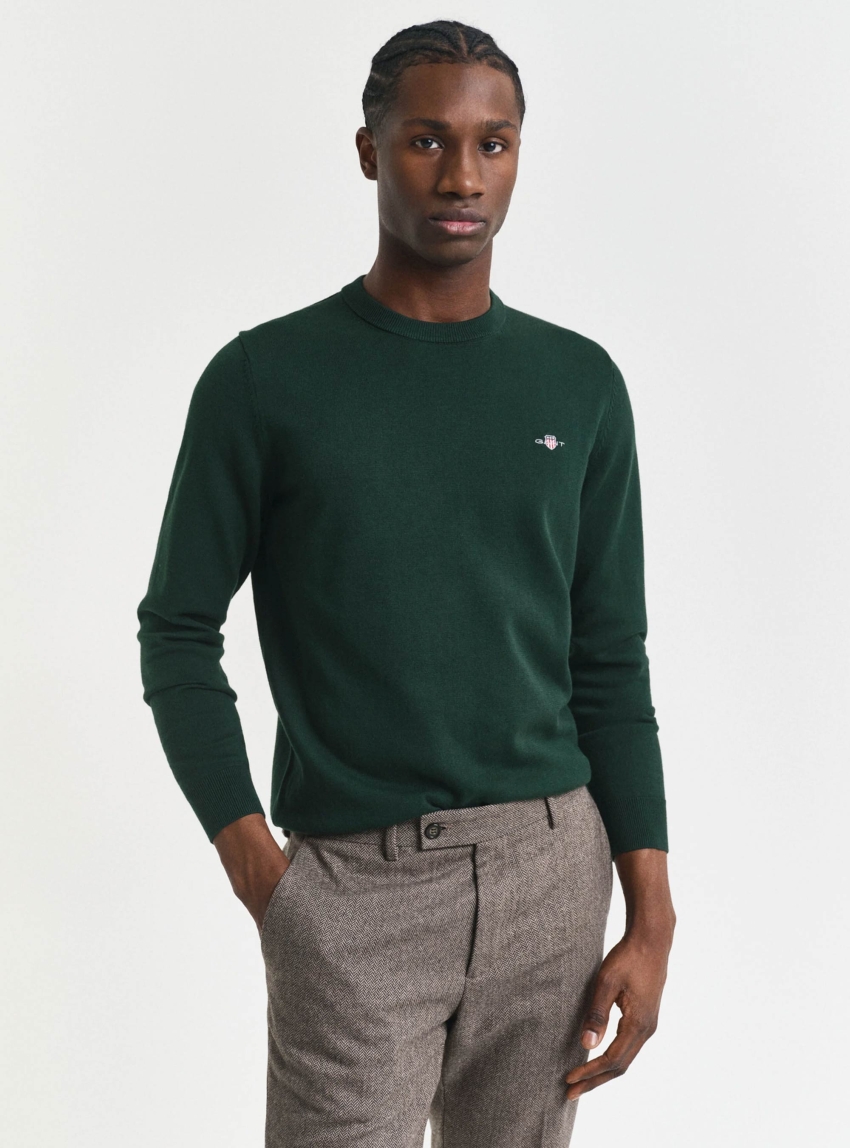 Gant Classic Cotton Crew Neck Sweater - Dark Green