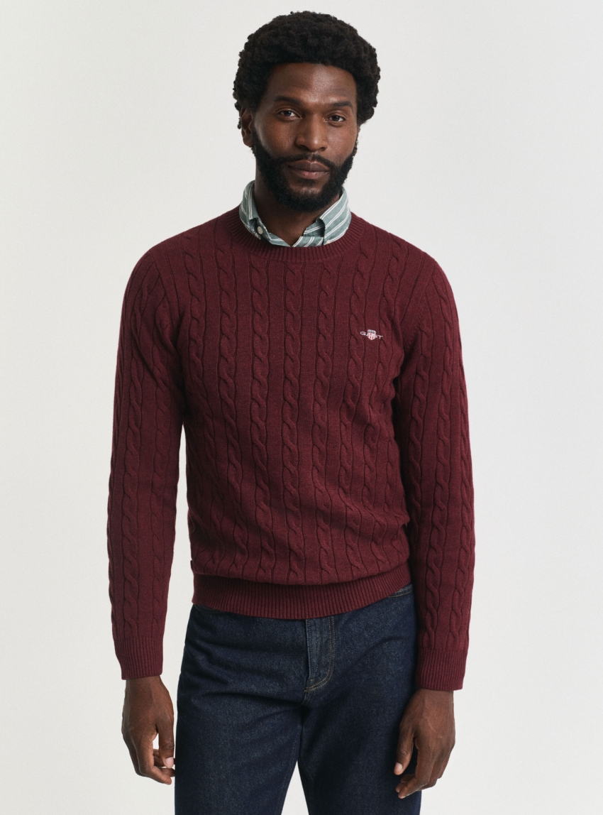 Gant Cotton Cable Knit Crew Neck Sweater - Bordeaux