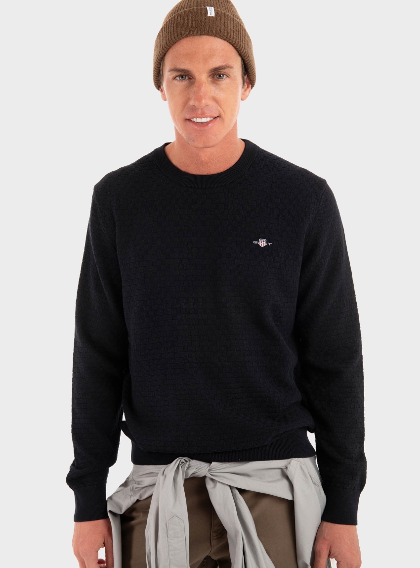 Gant Micro Textured Crew Neck Sweater - Black
