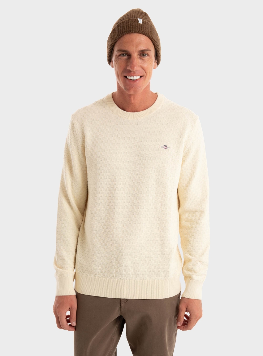 Gant Micro Textured Crew Neck Sweater - Ecru