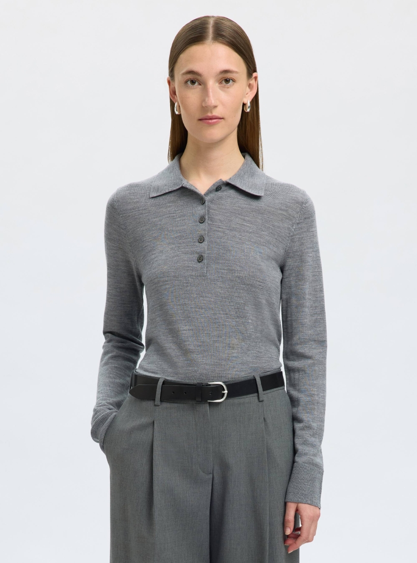 Slfthea Merino Collar Neck Knit - Medium Grey Melange