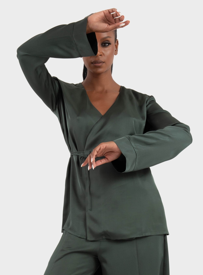 Ioanna Kourbela 'Sleekness' Longsleeve Croise Blouse - Dark Green