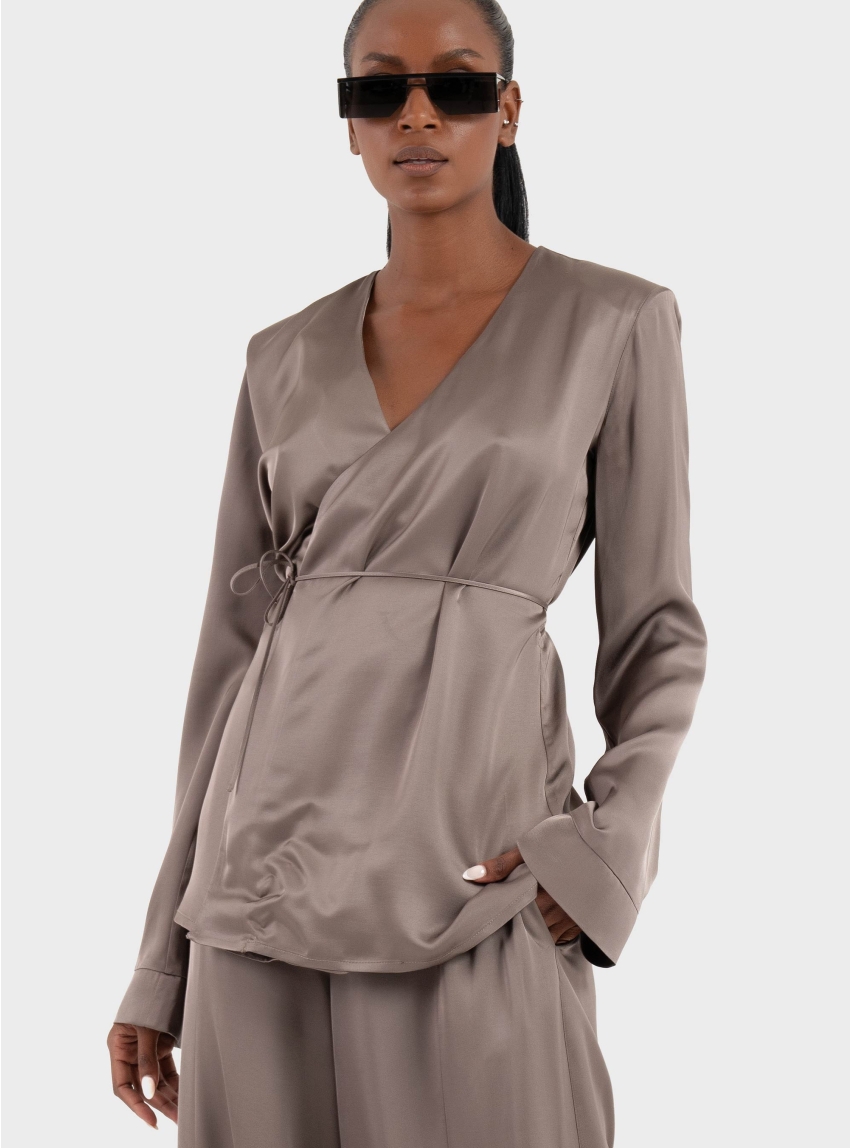 Ioanna Kourbela 'Sleekness' Longsleeve Croise Blouse - Grey