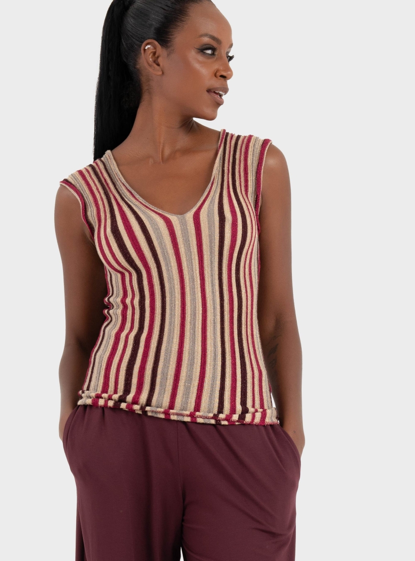 Ioanna Kourbela 'Delight Stripes' Sleeveless Top With V Neckline - Red