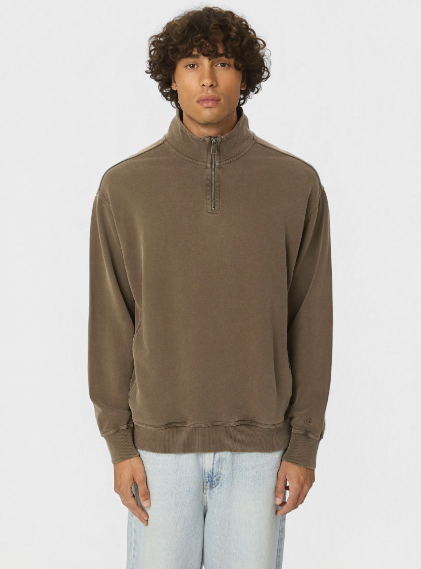 Dirty Laundry Dropped Shoulder Half-Zip Crewneck - Light Brown