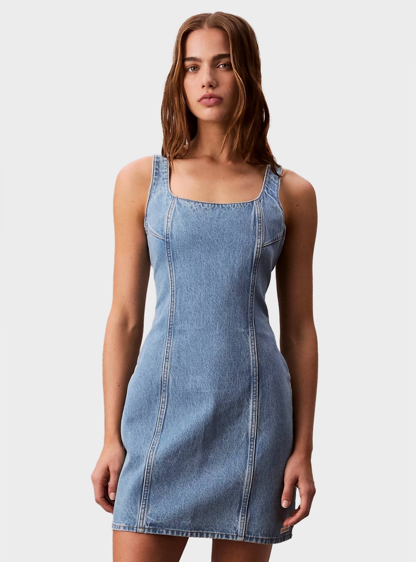 Calvin Klein Scoop Neck Denim Mini Dress - Light Aged Denim