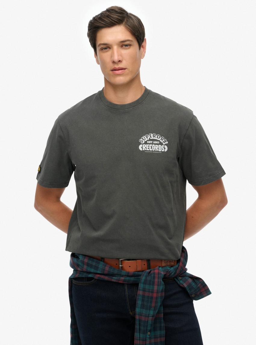 Superdry Record Label Oversized Tee - Washed Black
