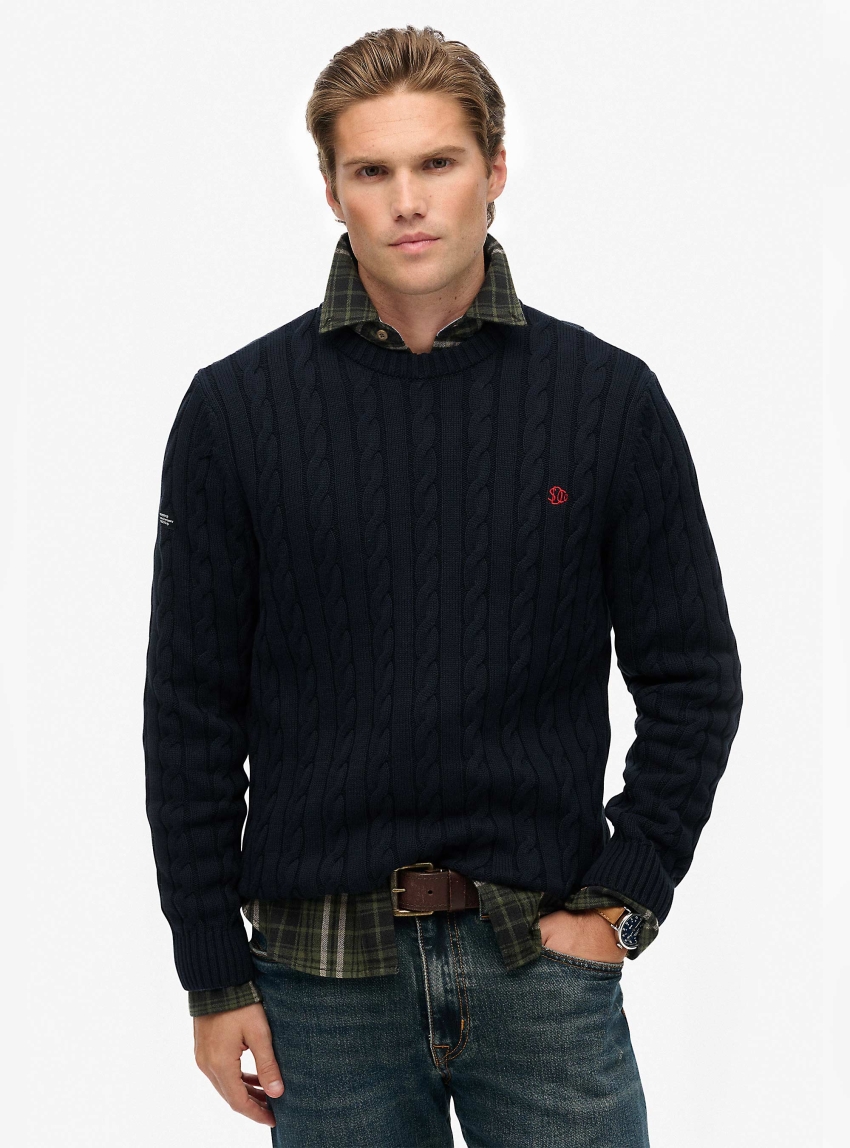 Superdry Cotton Cable Knit Crew Jumper - Blue