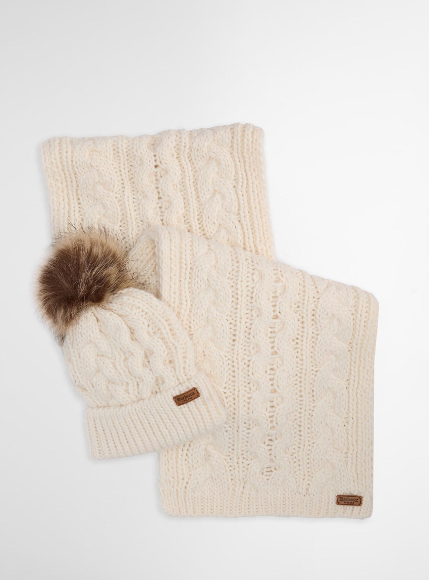 Barbour Penshaw Beanie & Scarf Gift Set - Ecru