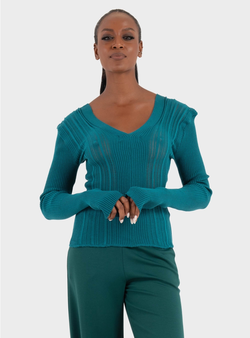 Ioanna Kourbela Knit Long Sleeve Top with “V” Neck – Winter Archetypes - Teal