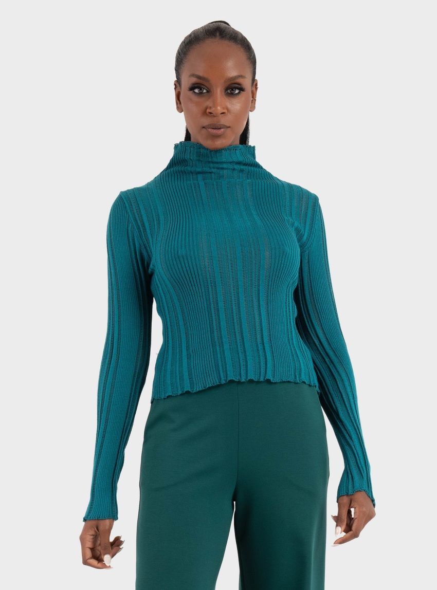 Ioanna Kourbela Knit Longsleeved Blouse with Hight-Neck – Winter Archetypes - Teal