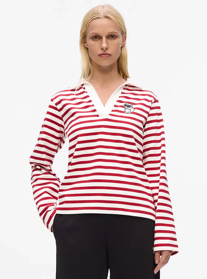 Karl Lagerfeld Ikon Striped Long-Sleeved Polo Shirt - Red