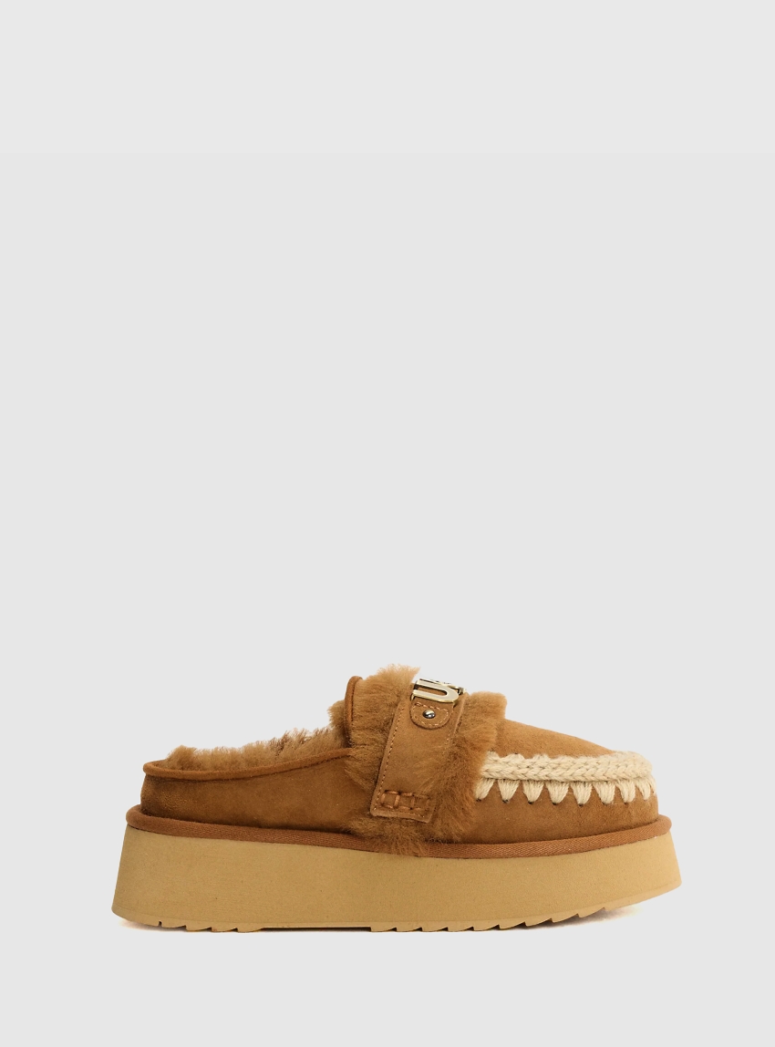 Mou Platform Clog With Strap Logo - Cognac