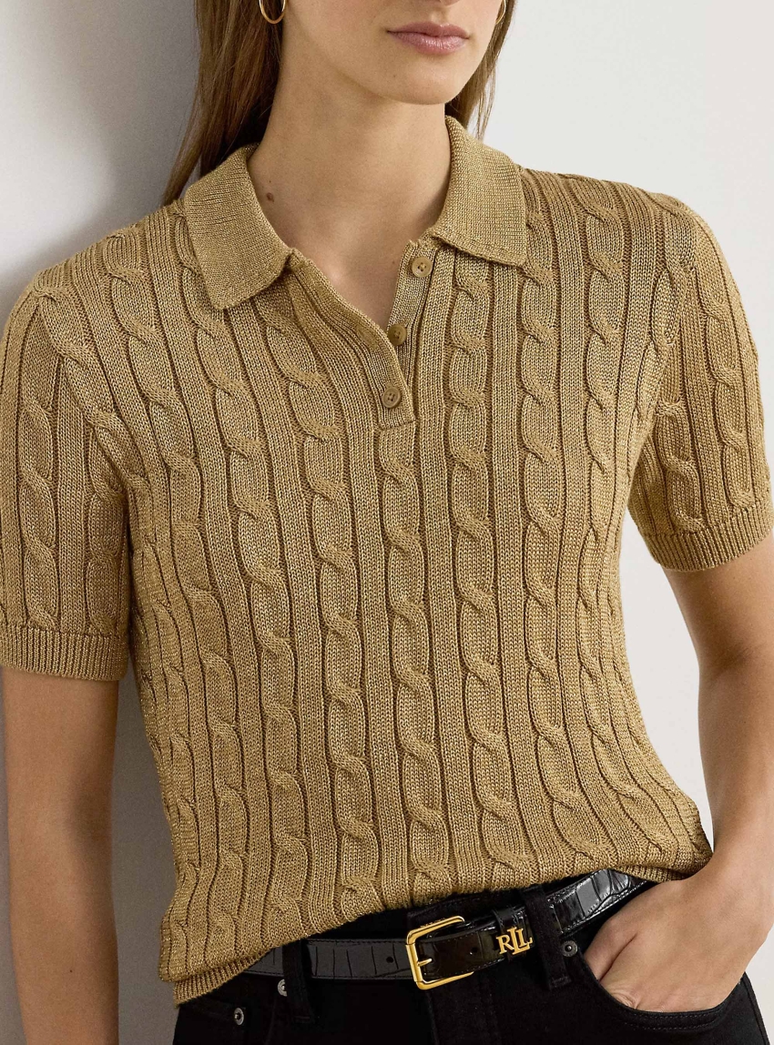 LAUREN Ralph Lauren Metallic Cable-Knit Polo Sweater - Gold