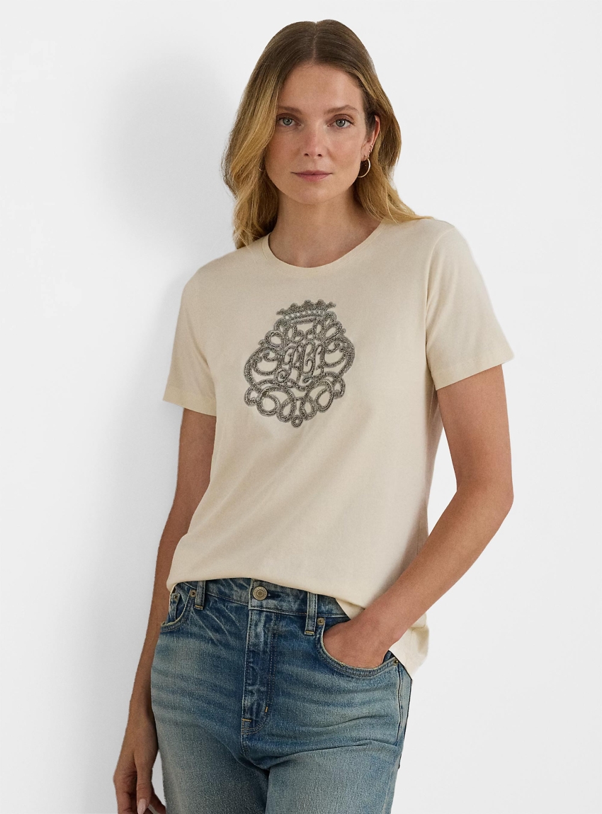 LAUREN Ralph Lauren Beaded-Crest Cotton Jersey T-Shirt - Cream