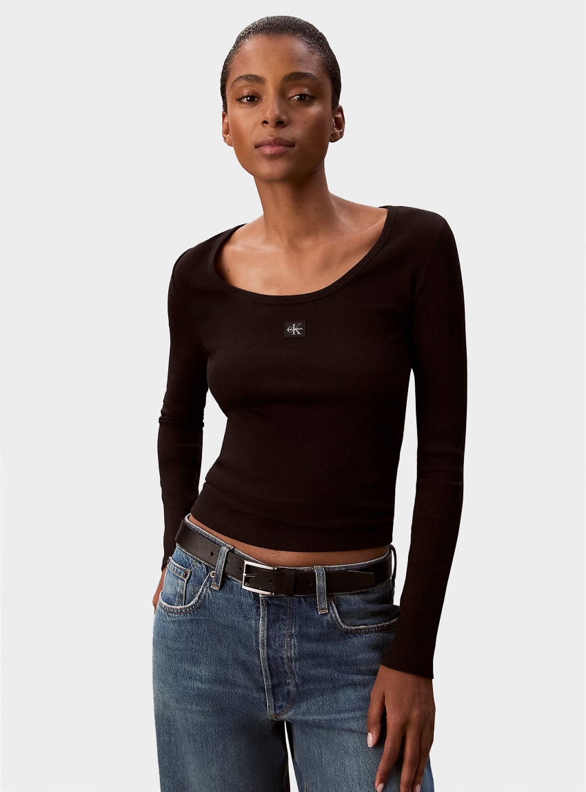 Calvin Klein Ribbed Cotton Long Sleeve Top - Black