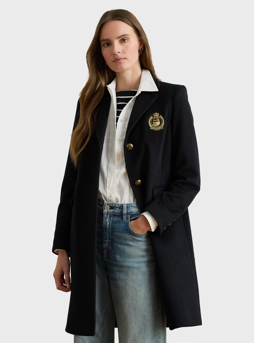 LAUREN Ralph Lauren Crest-Patch Wool-Blend Coat - Black