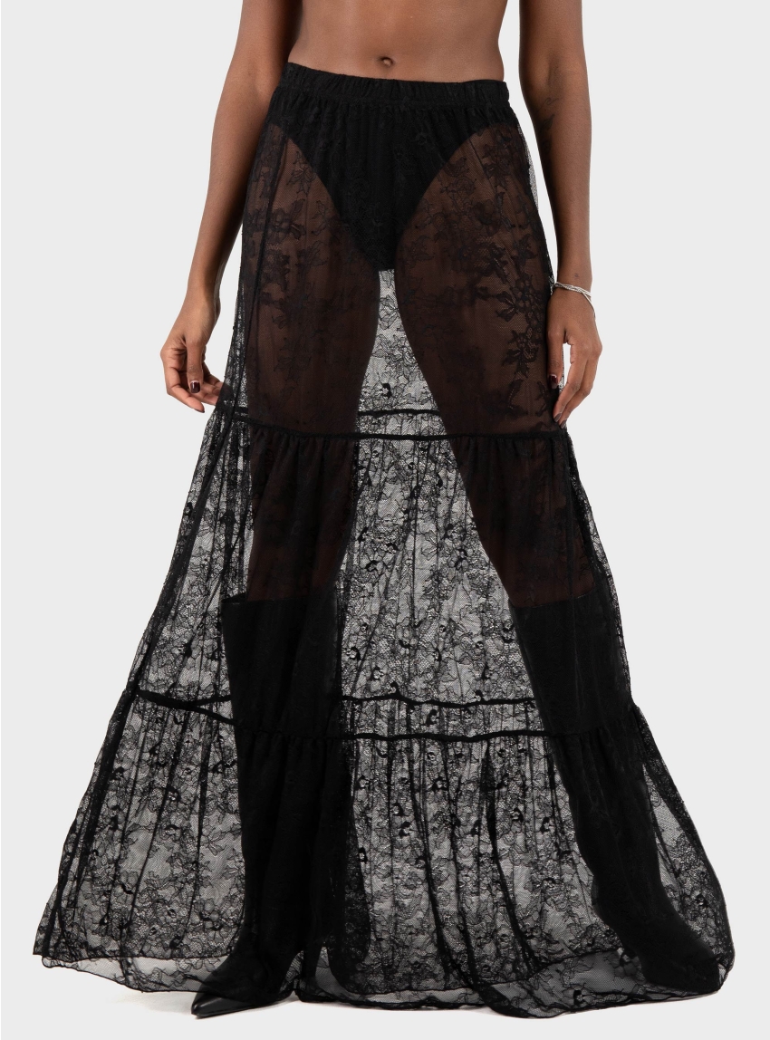 Only Lulu Long Lace Skirt - Black