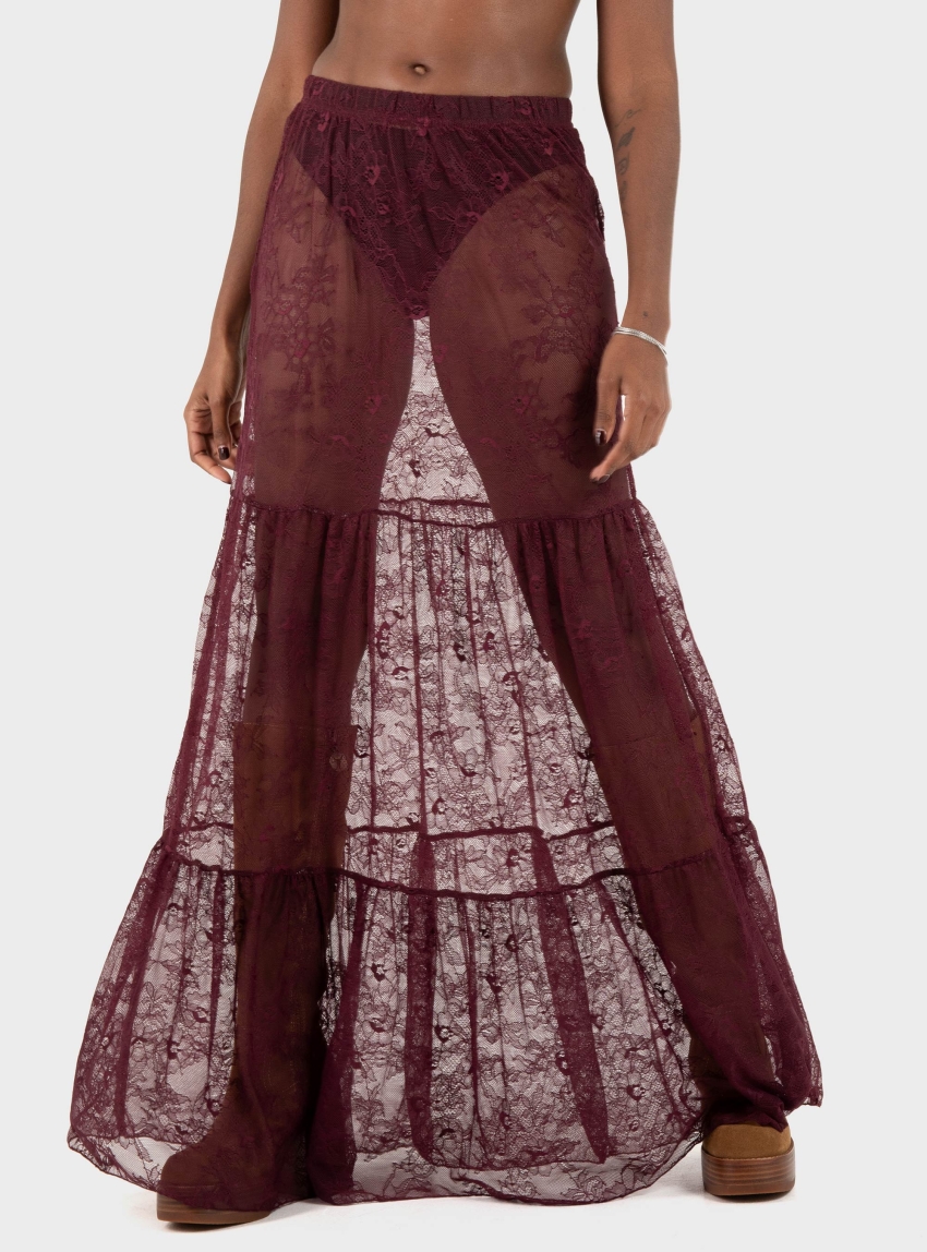Only Lulu Long Lace Skirt - Bordeaux