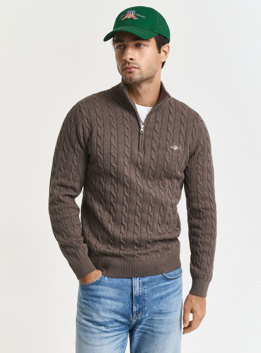 Gant Cotton Cable Knit Half-Zip Sweater - Light Brown