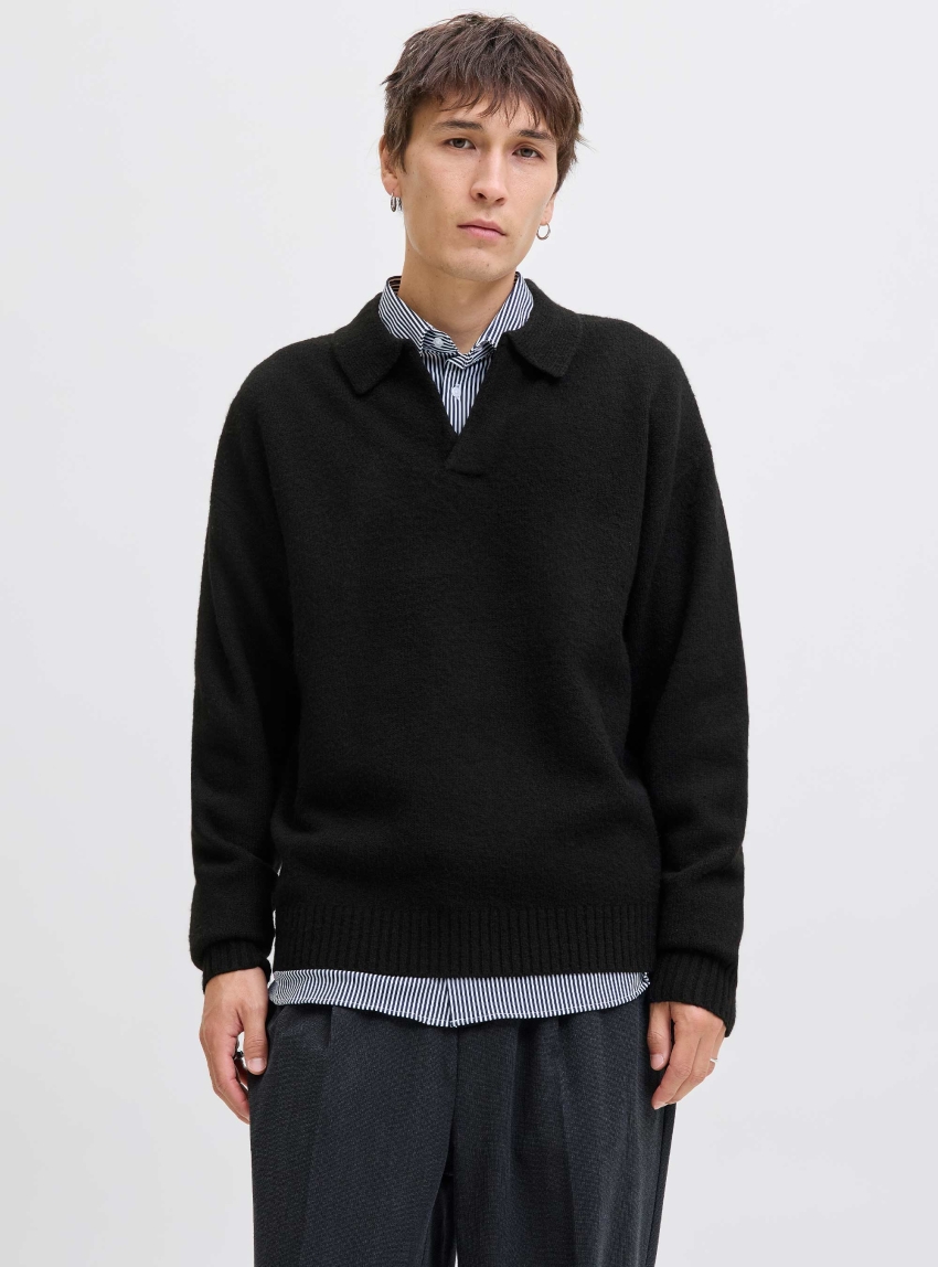 Jack & Jones Soho Ollie Split Neck Knit - Black
