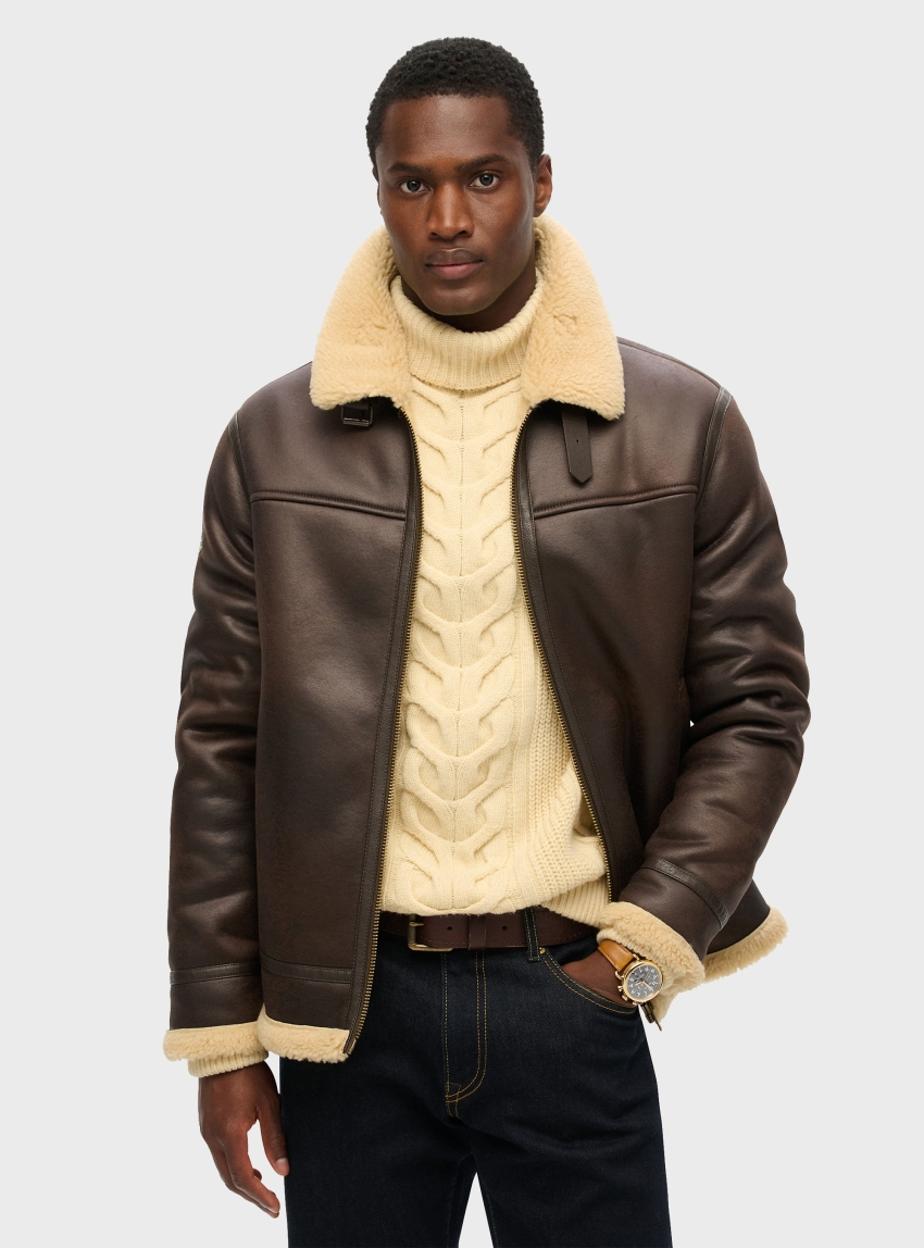 Superdry Faux Shearling Aviator Jacket - Dark Brown