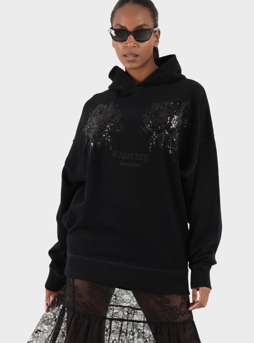 Superdry Tattoo Embellish Oversize Hoodie - Black