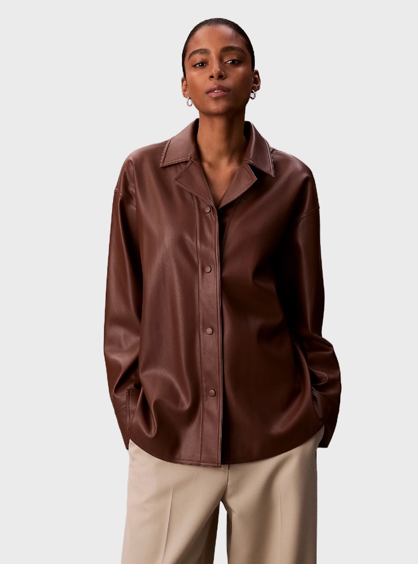 Calvin Klein Relaxed Faux Leather Shirt - Brown