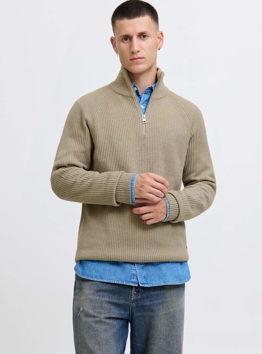 Jack & Jones Pannel Half Zip Knit - Beige