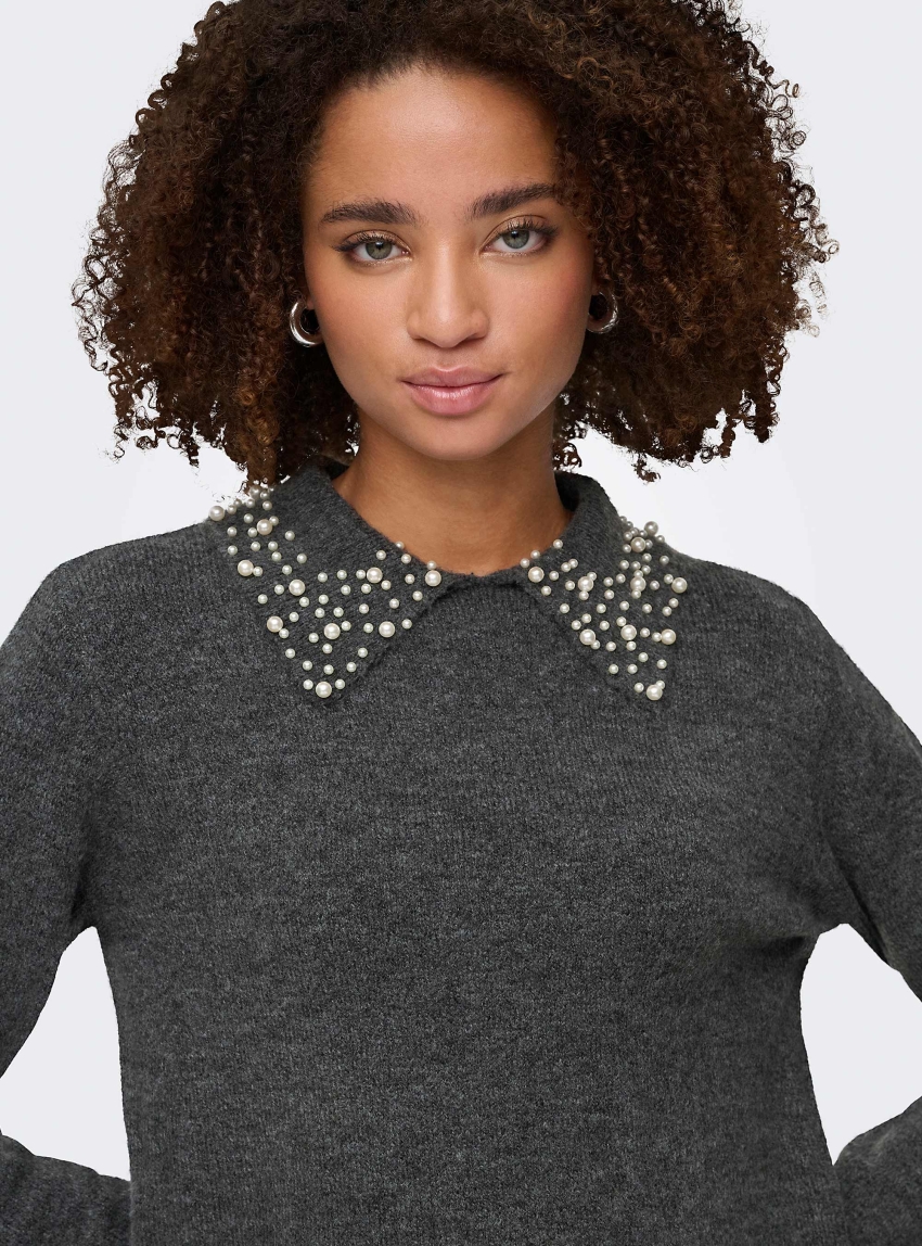 Onljdy Aubray Pearl Collar Pullover - Dark Grey Melange