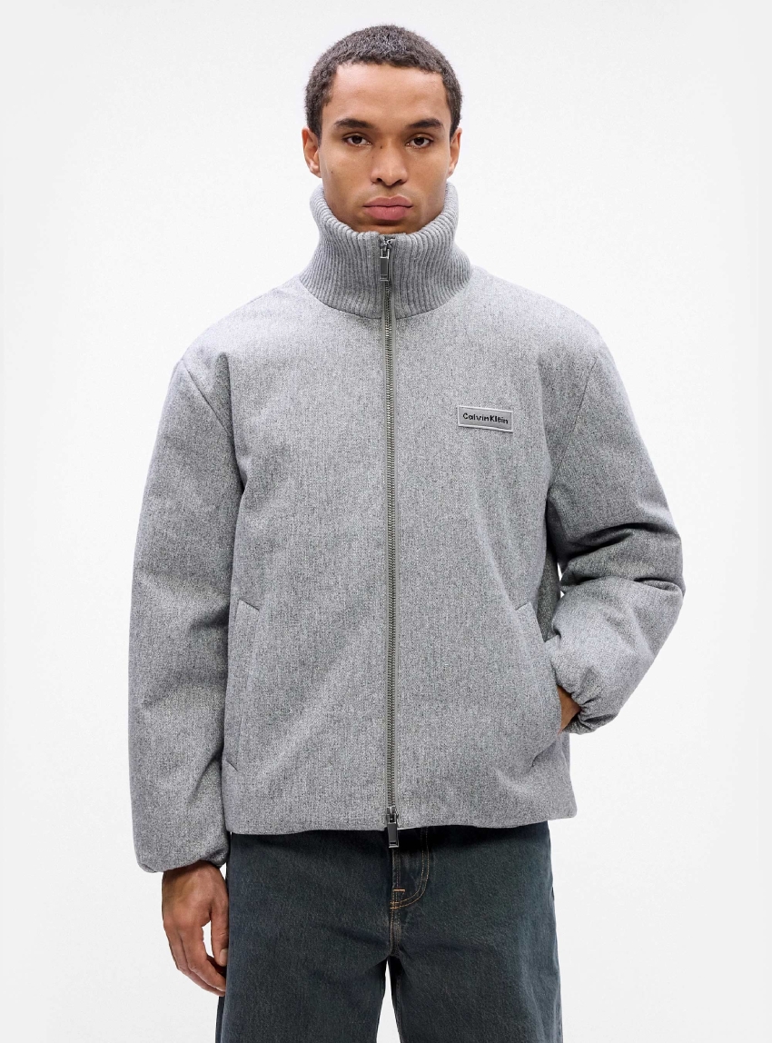 Calvin Klein Melange Ribbed Neck Puffer Jacket - Grey Melange