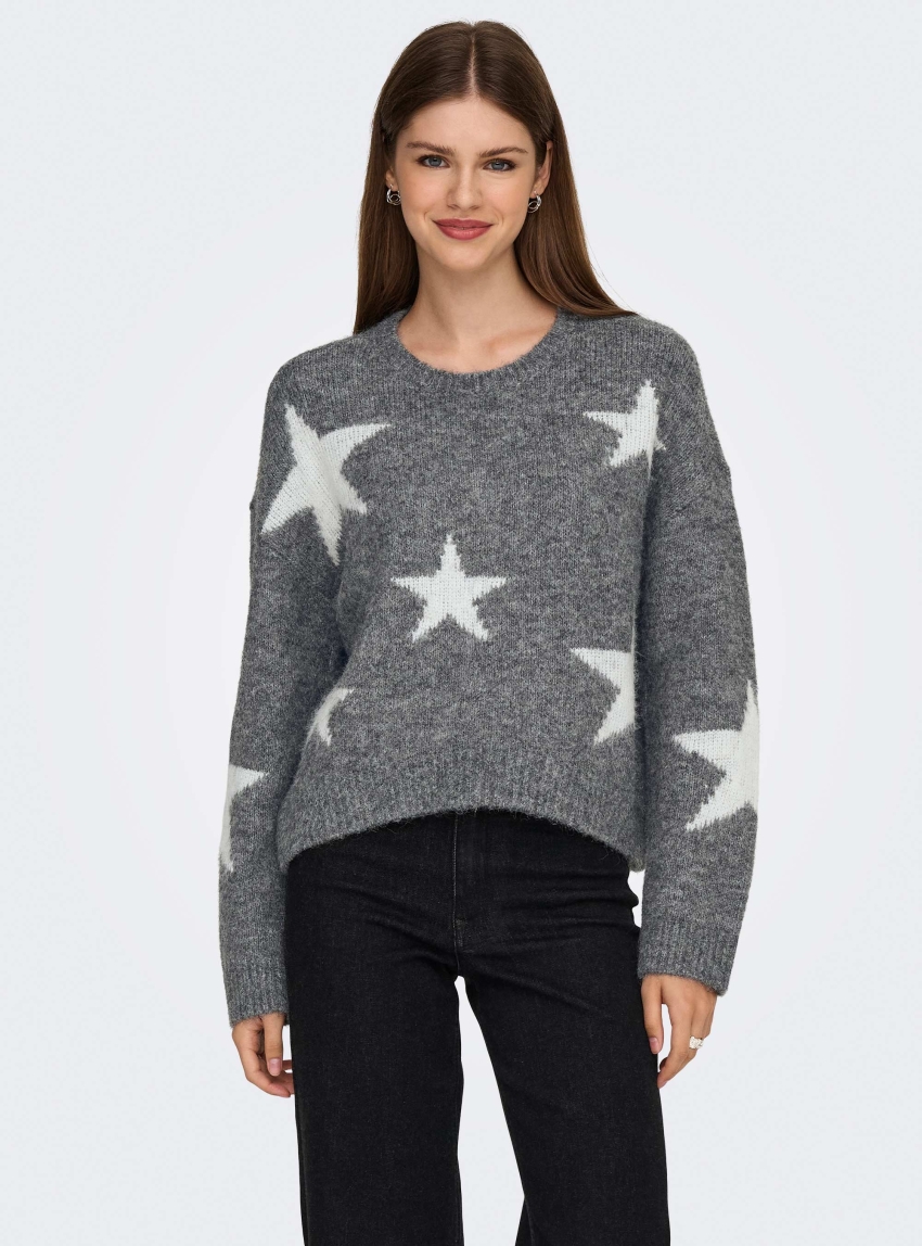 Only Azu Star O-Neck Knit - Dark Grey Melange