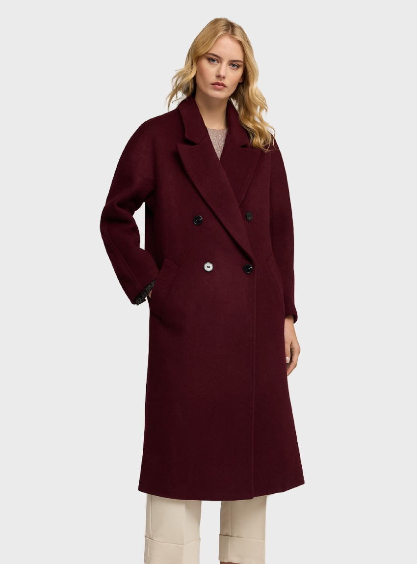 Motivi Double-breasted coat in wool blend drap - Bordeaux