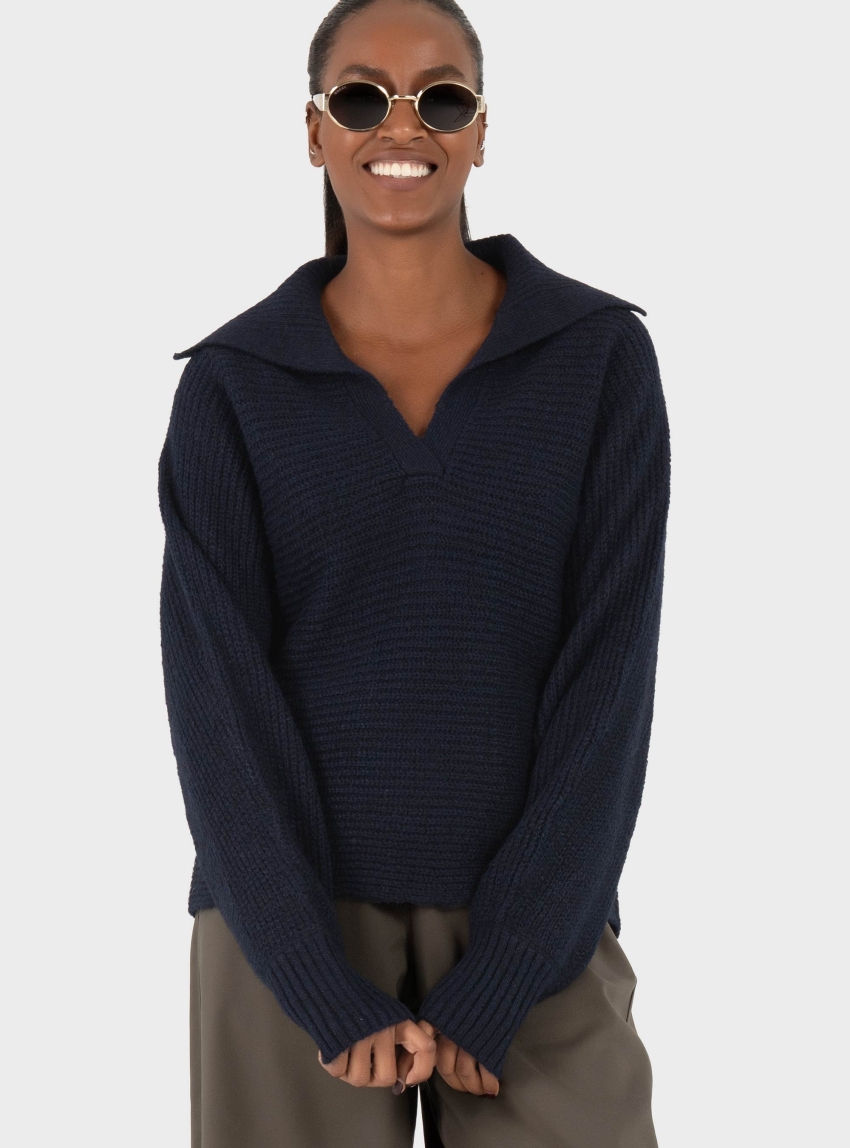 Only Mally Collar V-Neck Knit - Dark Blue