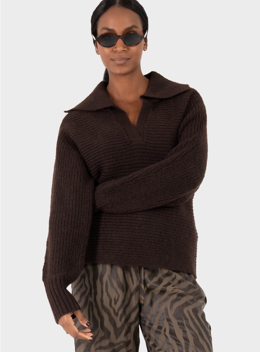 Only Mally Collar V-Neck Knit - Dark Brown