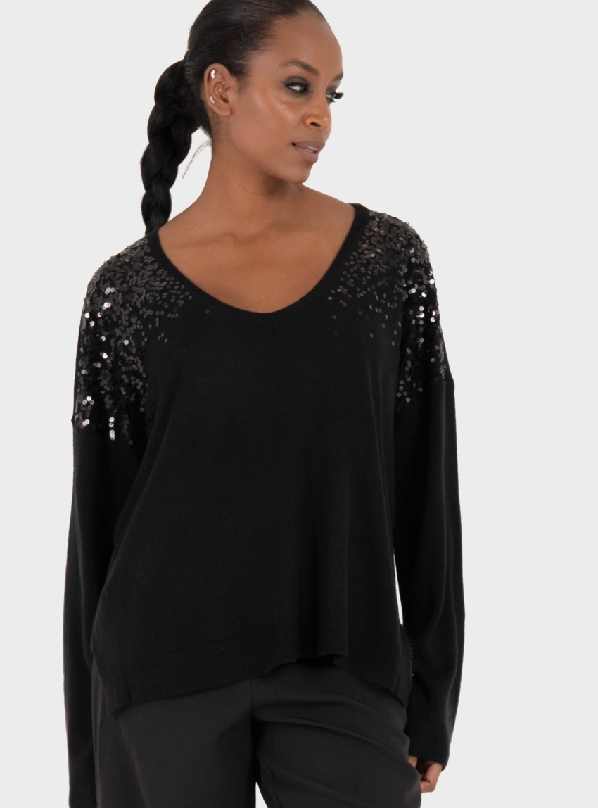 Only Starry Sequin Boxy V-Neck Knit - Black