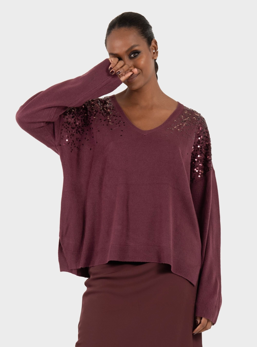 Only Starry Sequin Boxy V-Neck Knit - Bordeaux