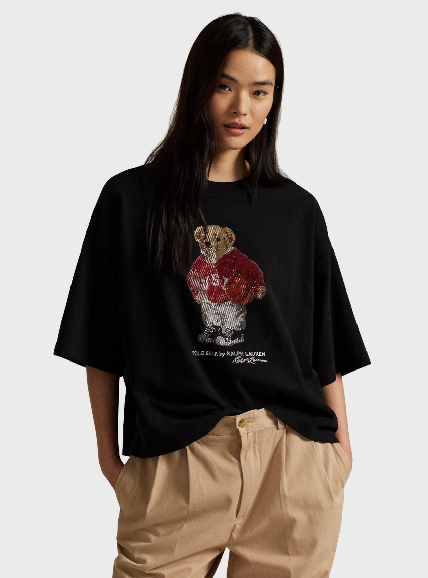 Polo Ralph Lauren Rhinestone Polo Bear Cotton Jersey Tee - Black