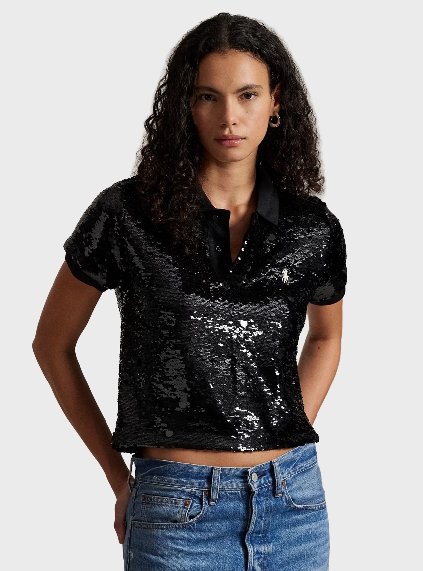 Polo Ralph Lauren Sequined Mesh Crop Polo Shirt - Black & White