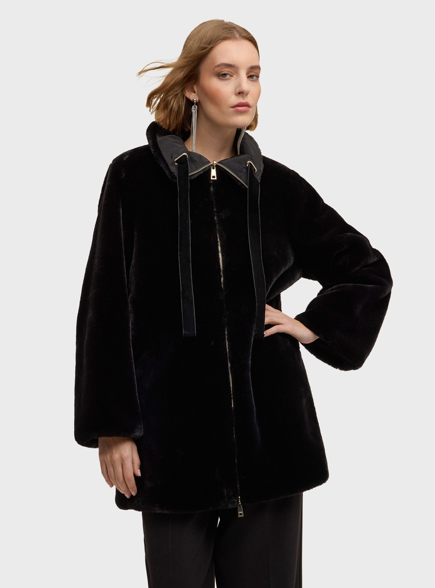 Motivi Reversible Plush Effect Coat - Black