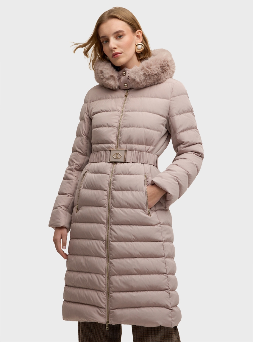 Motivi Long Down Jacket With Hood - Beige