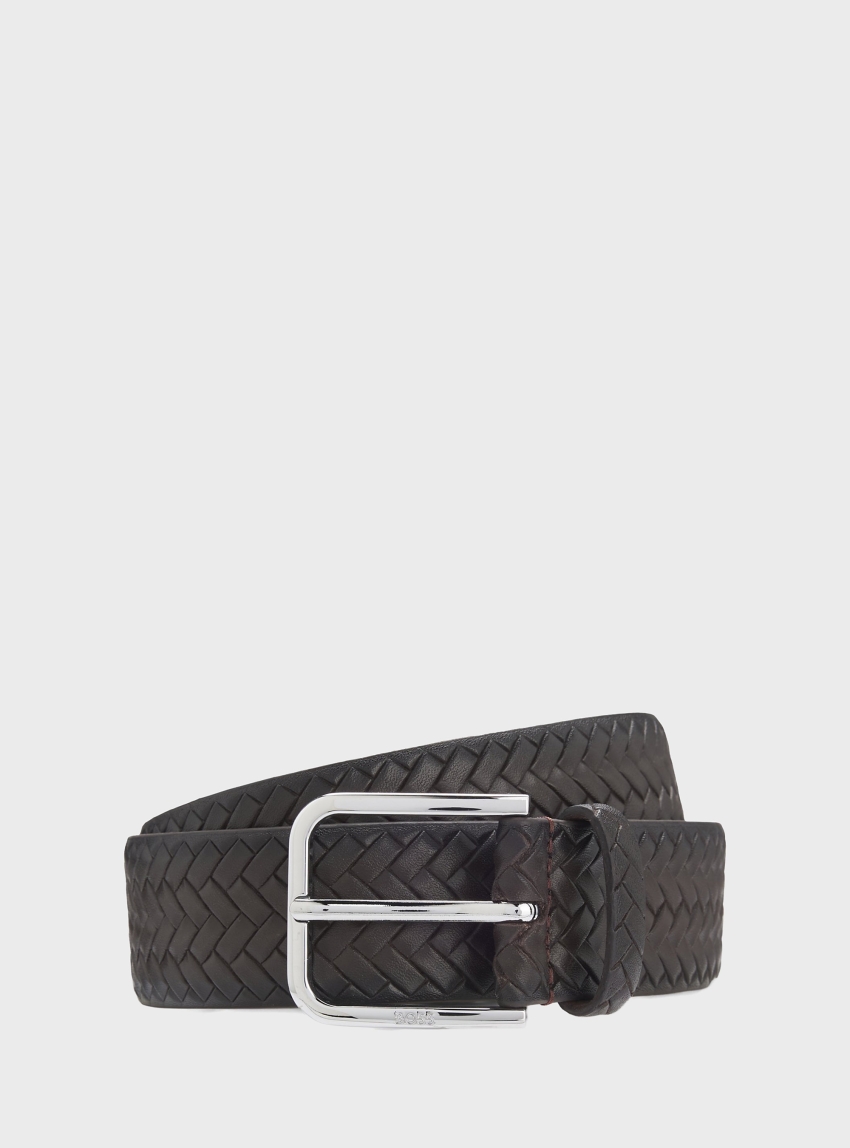 BOSS Woven-Leather Belt With Pin Buckle Madison-B1_WnPr_Sz35 - Dark Brown