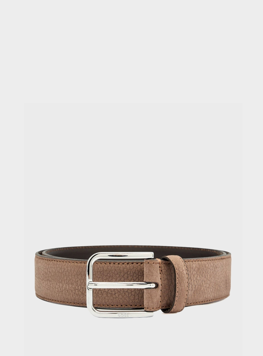 BOSS Italian-Nubuck Belt With Polished Pin Buckle Madison-B1_NbSt_Sz35 - Dark Beige