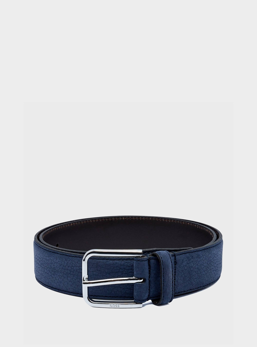 BOSS Italian-Nubuck Belt With Polished Pin Buckle Madison-B1_NbSt_Sz35 - Navy