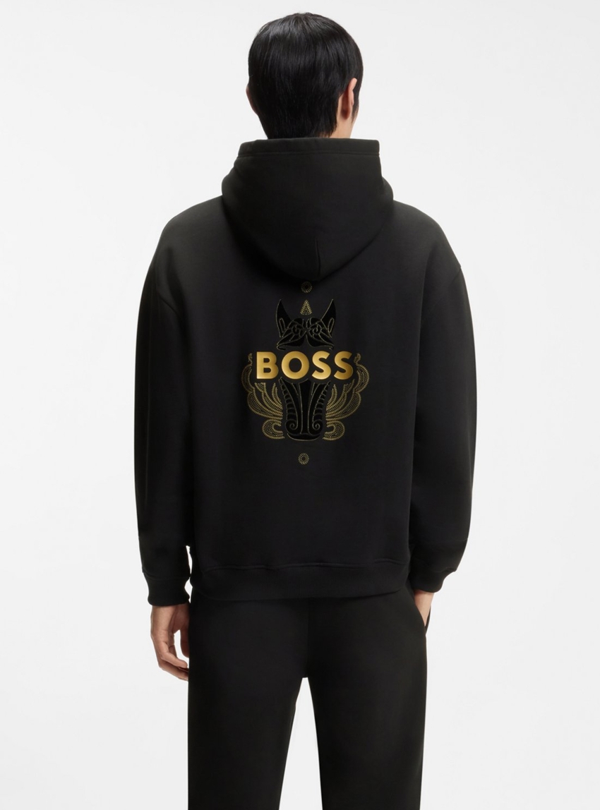 BOSS Cotton-Terry Hoodie With Logo Artwork Zixin_CNY - Black