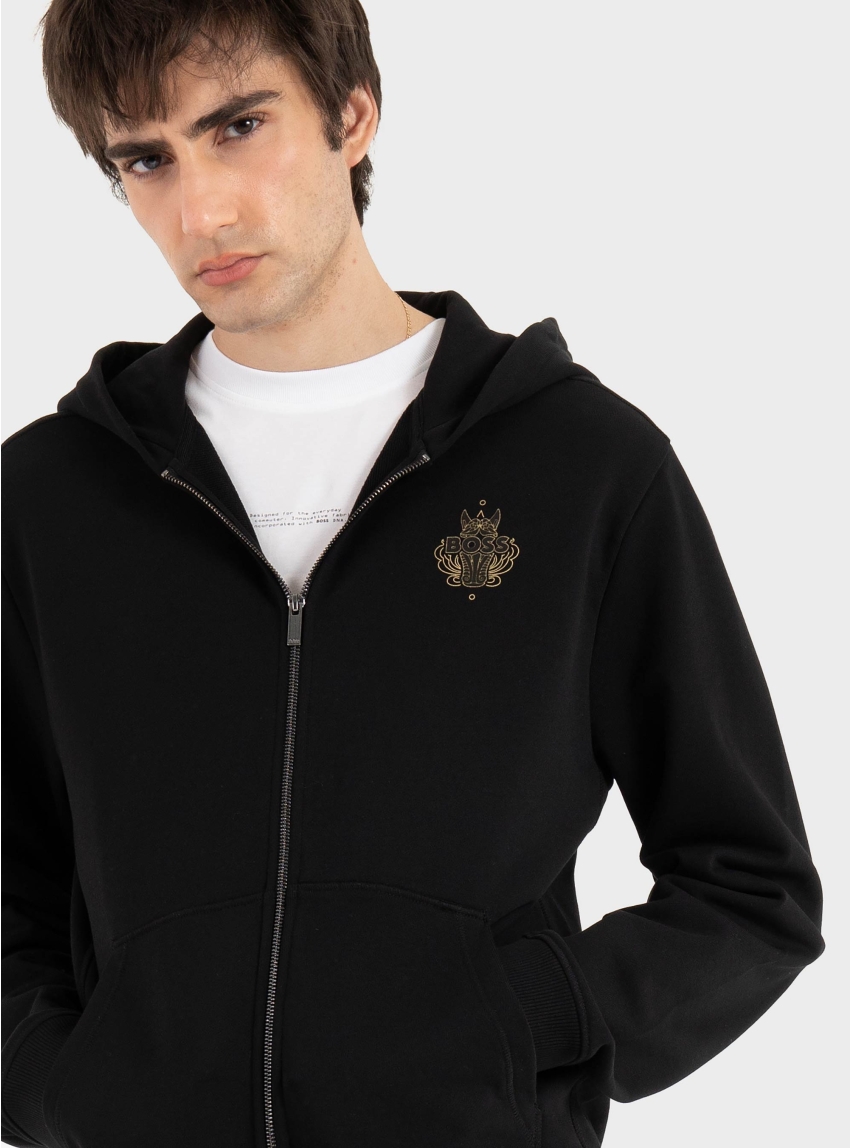 BOSS Zip Hoodie With Logo Artwork Zixi_CNY - Black