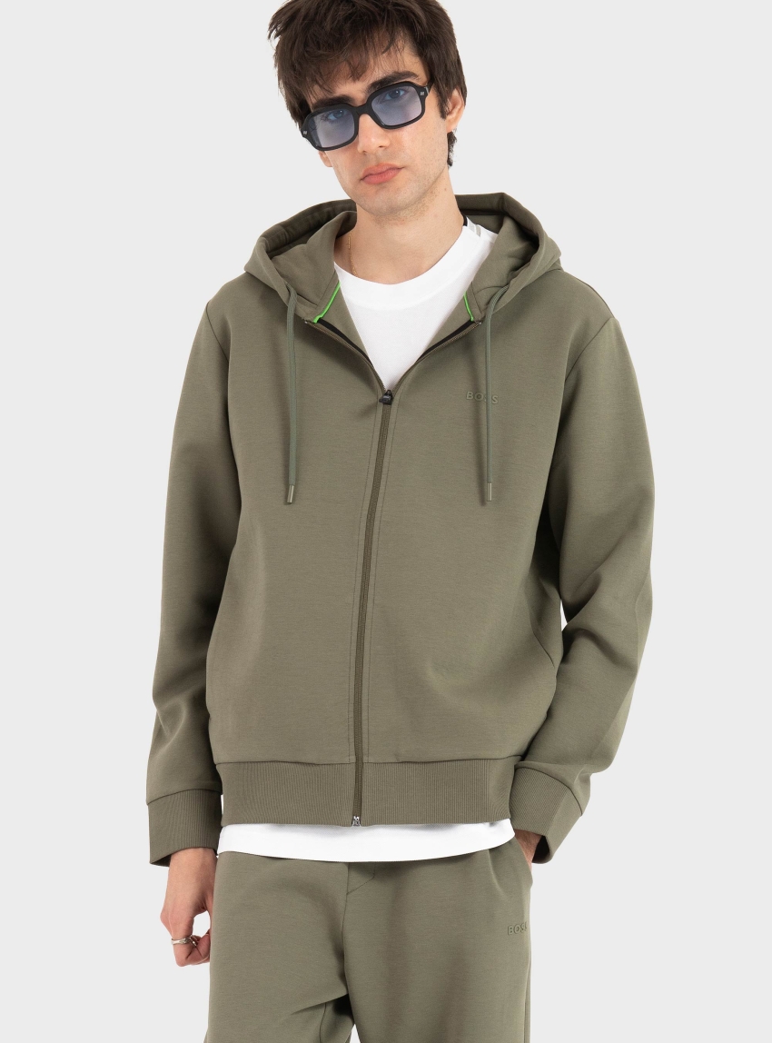 BOSS Zip-Up Hoodie In Stretch Cotton With Logo Detail  Saggy - Olive 